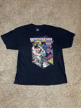 WWE Black WrestleMania VI Retro Graphic Tee with Neon Accents